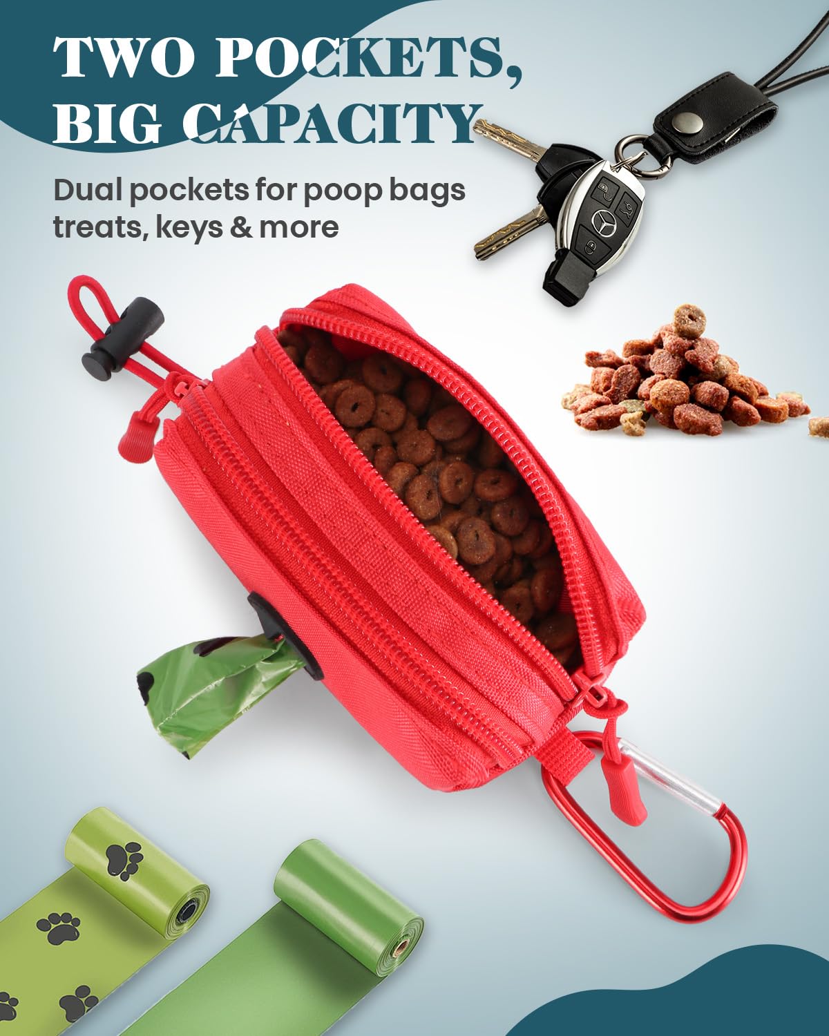 Dog Poop Bag Holder for Leashes, Red Doggie Waste Bag Dispenser and Treat Holder, with Carabiner Hook and Poop Bag Clip, Used Wa